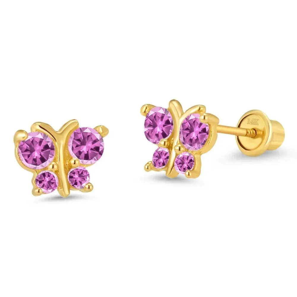 New 14k solid yellow Gold Butterfly Pink CZ Earrings